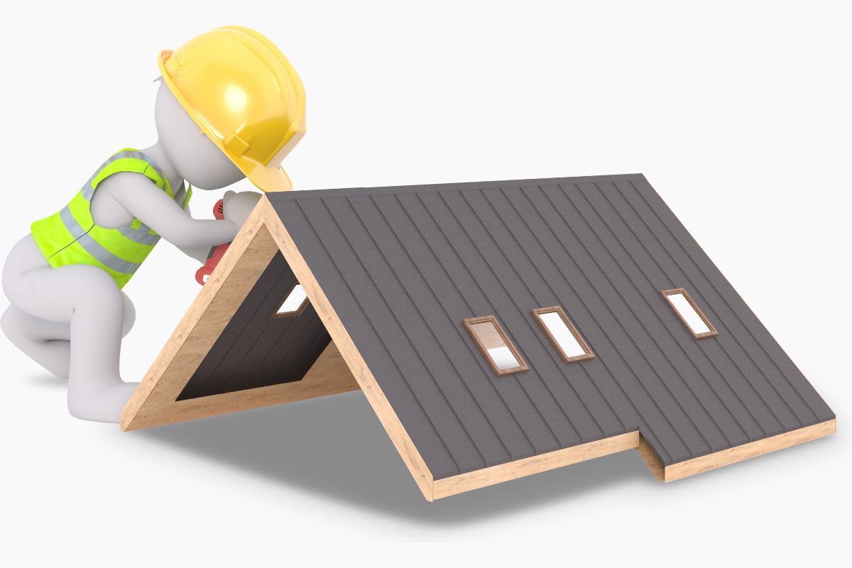 Roofing professional inspecting a metal roof system model for installation planning