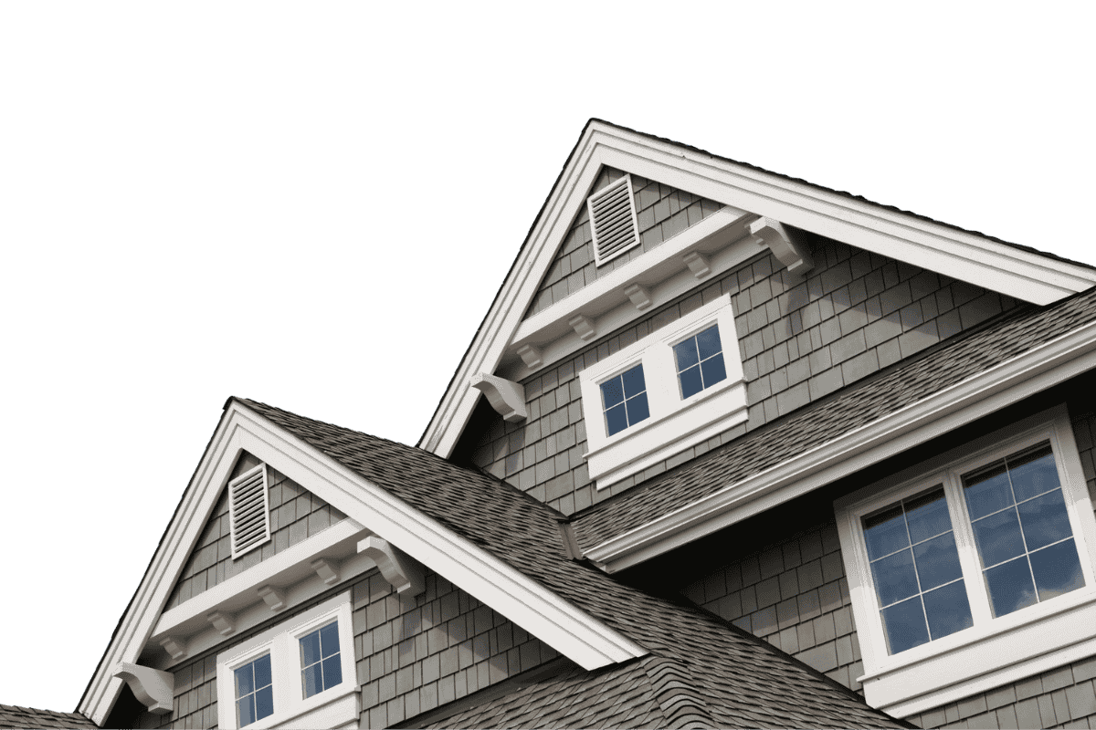 Architectural asphalt shingle roof on residential home with dormer details