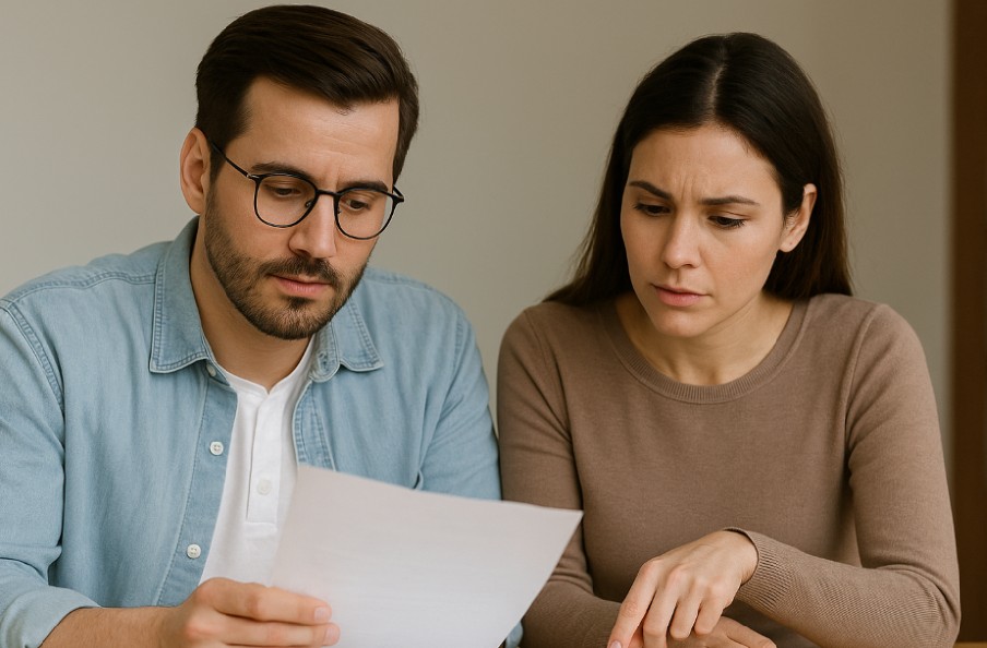Couple reviewing roofing documents at a table, evaluating contracts and project details for a roofing contractor.