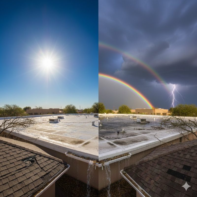 Split view of an Arizona roof under intense summer sun and a monsoon storm showing the need for seasonal maintenance.