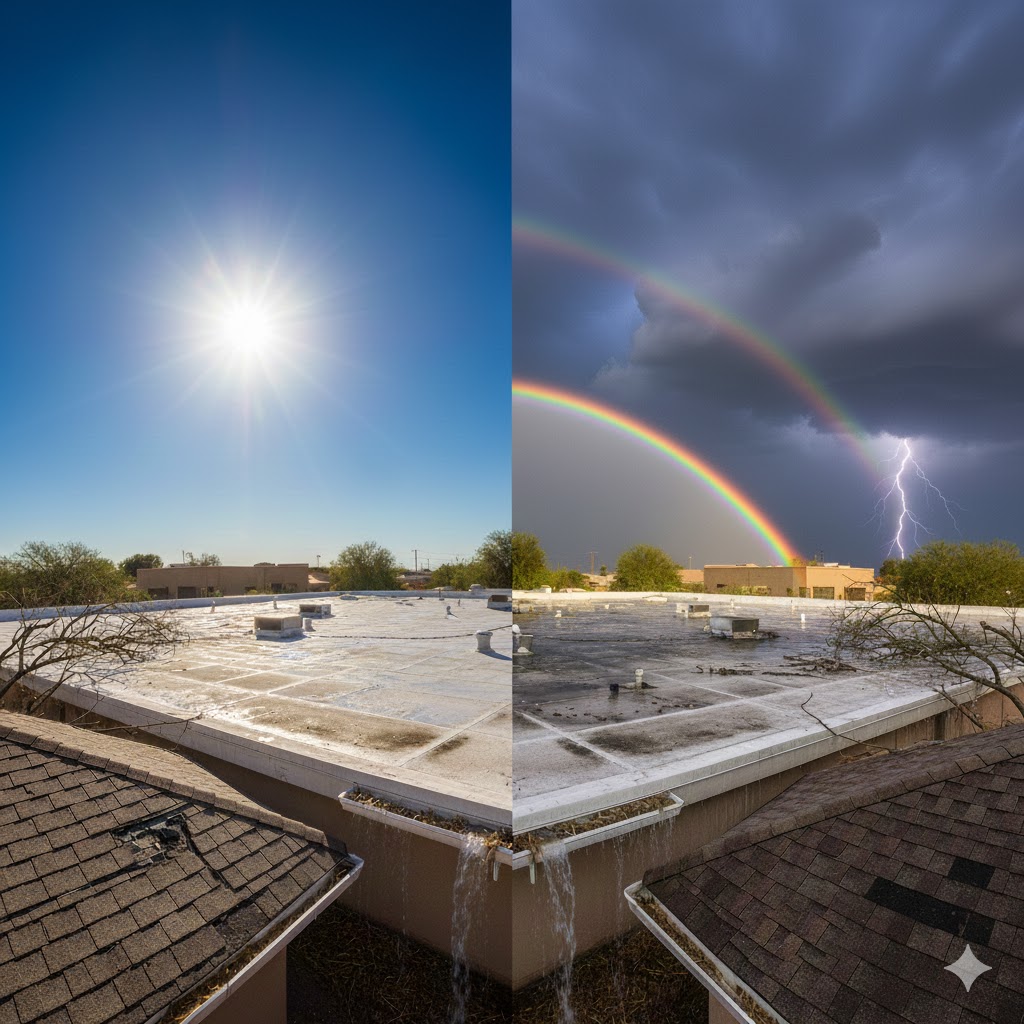 Split view of an Arizona roof under intense summer sun and a monsoon storm showing the need for seasonal maintenance.