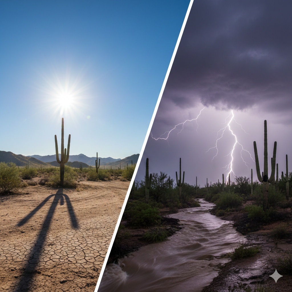 Split screen of a harsh Arizona desert sun and a lightning monsoon storm over saguaro cacti, illustrating roofing wear.