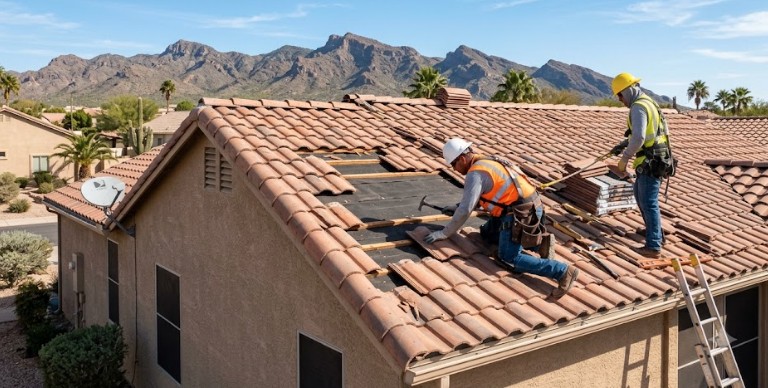 Professional roof repair in progress showing workers replacing damaged clay tiles on residential home in Arizona with mountains in background