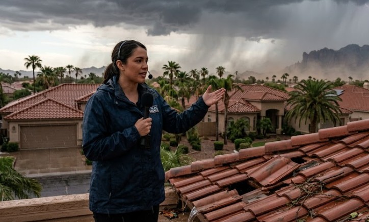 News reporter standing on damaged concrete tile roof during monsoon storm in Phoenix East Valley