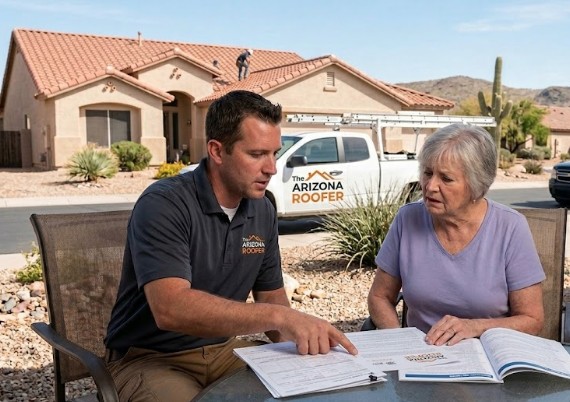 Arizona roofing contractor inspecting roof damage for insurance claim in Mesa East Valley
