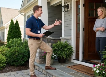 Roofing insurance scams Arizona — door-to-door salesperson making claim promises to homeowner