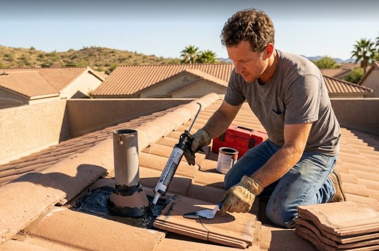 Roofing contractor repairing shingles on an Arizona home
